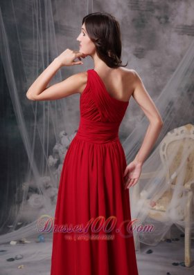 One Shoulder Brush Train Chiffon Red Evening Dress