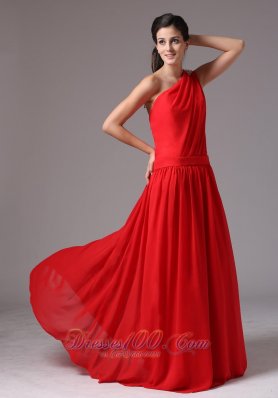 Red Prom Dress with One Shoulder Chiffon Beads