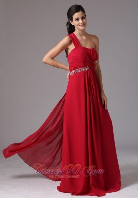 Ruch Beading Wine Red One Shoulder Prom Dress