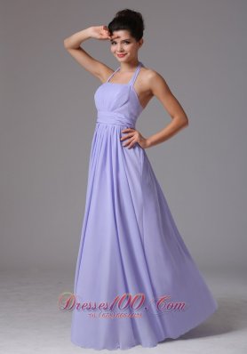 Halter Lilac Ruched Column Chiffon Bridesmaid Dress