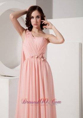 Appliques Watteau Baby Pink One Shoulder Evening Dress