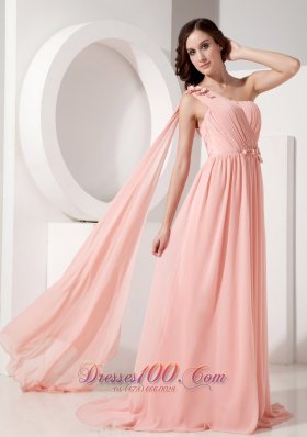 Appliques Watteau Baby Pink One Shoulder Evening Dress