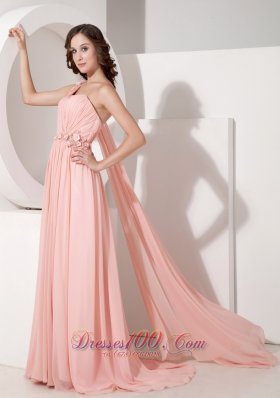 Appliques Watteau Baby Pink One Shoulder Evening Dress