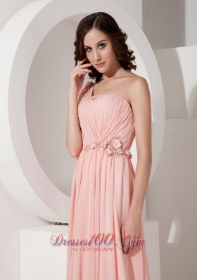 Appliques Watteau Baby Pink One Shoulder Evening Dress