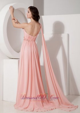 Appliques Watteau Baby Pink One Shoulder Evening Dress