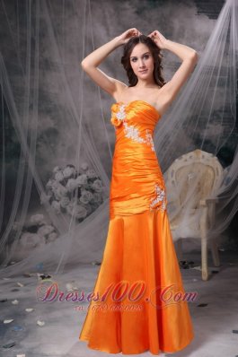 Orange Ruch Column Evening Dress Taffeta Appliques