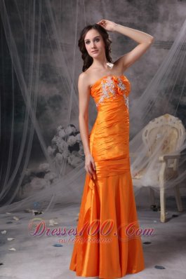 Orange Ruch Column Evening Dress Taffeta Appliques