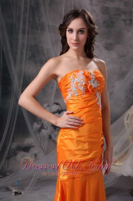 Orange Ruch Column Evening Dress Taffeta Appliques