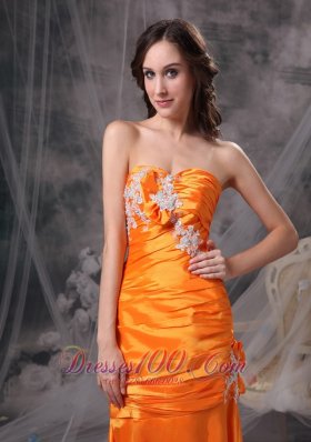 Orange Ruch Column Evening Dress Taffeta Appliques