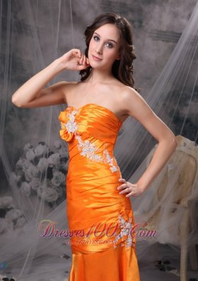 Orange Ruch Column Evening Dress Taffeta Appliques