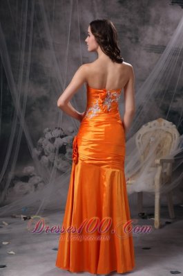 Orange Ruch Column Evening Dress Taffeta Appliques