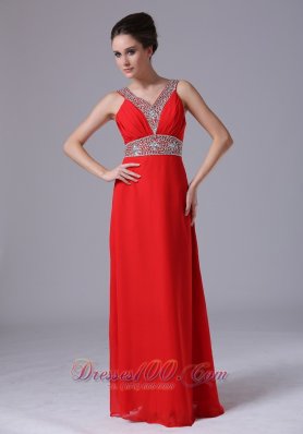 Red Beaded V Neckline Empire Prom Dress Chiffon