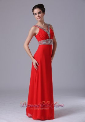 Red Beaded V Neckline Empire Prom Dress Chiffon