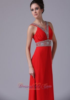 Red Beaded V Neckline Empire Prom Dress Chiffon