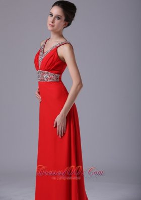 Red Beaded V Neckline Empire Prom Dress Chiffon