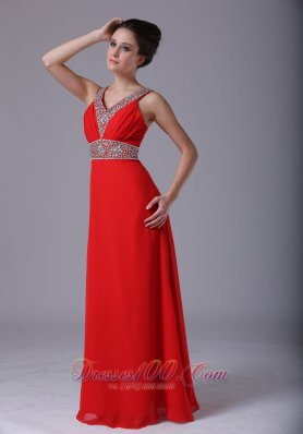 Red Beaded V Neckline Empire Prom Dress Chiffon