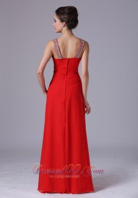 Red Beaded V Neckline Empire Prom Dress Chiffon