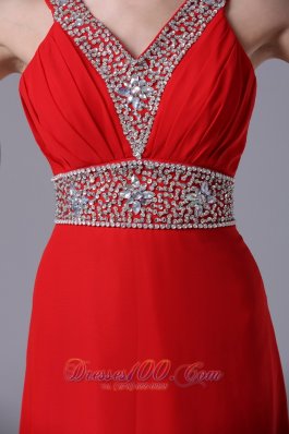 Red Beaded V Neckline Empire Prom Dress Chiffon