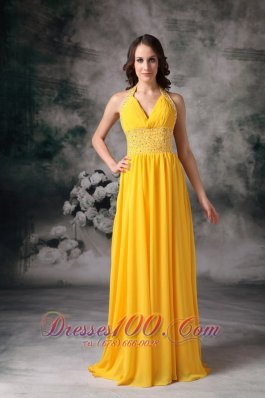 Yellow Brush Train Halter Chiffon Evening Dress Beaded