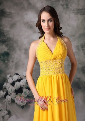 Yellow Brush Train Halter Chiffon Evening Dress Beaded