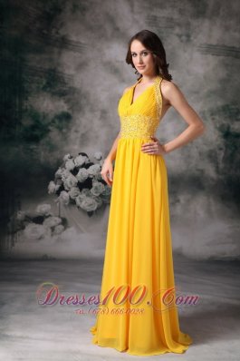 Yellow Brush Train Halter Chiffon Evening Dress Beaded