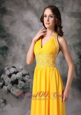 Yellow Brush Train Halter Chiffon Evening Dress Beaded