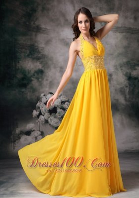 Yellow Brush Train Halter Chiffon Evening Dress Beaded