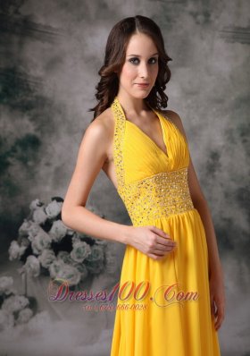 Yellow Brush Train Halter Chiffon Evening Dress Beaded