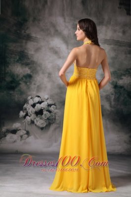 Yellow Brush Train Halter Chiffon Evening Dress Beaded