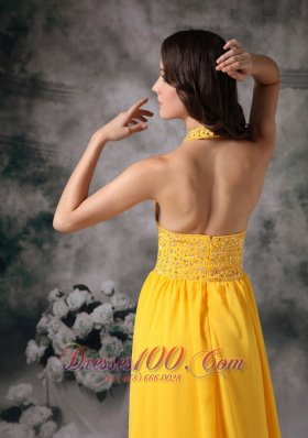 Yellow Brush Train Halter Chiffon Evening Dress Beaded