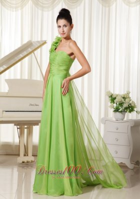 Watteau Train One Shoulder Lime Green Prom Dress