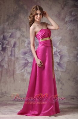 Satin Brush Prom Evening Dress Hot Pink with Ruch Bowknot