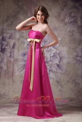 Satin Brush Prom Evening Dress Hot Pink with Ruch Bowknot