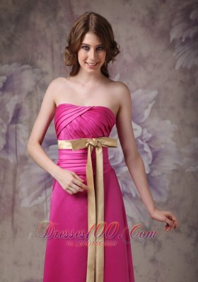 Satin Brush Prom Evening Dress Hot Pink with Ruch Bowknot