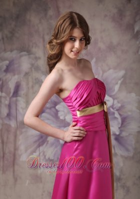 Satin Brush Prom Evening Dress Hot Pink with Ruch Bowknot