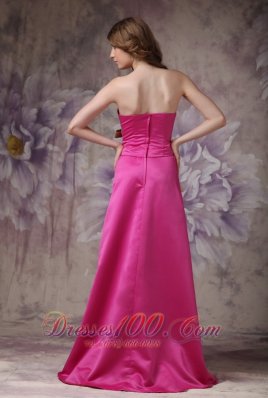 Satin Brush Prom Evening Dress Hot Pink with Ruch Bowknot