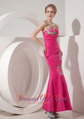 Applique Mermaid Hot Pink Ankle-length Cocktail Dress