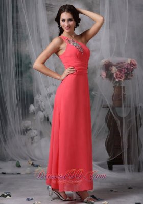 Ankle-length Coral Red Beaded One Shoulder Evening Dress