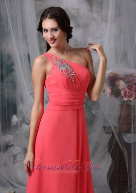 Ankle-length Coral Red Beaded One Shoulder Evening Dress