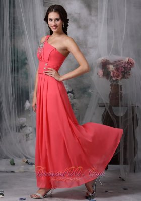 Ankle-length Coral Red Beaded One Shoulder Evening Dress