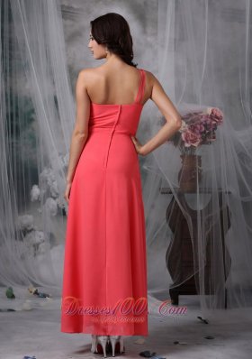 Ankle-length Coral Red Beaded One Shoulder Evening Dress