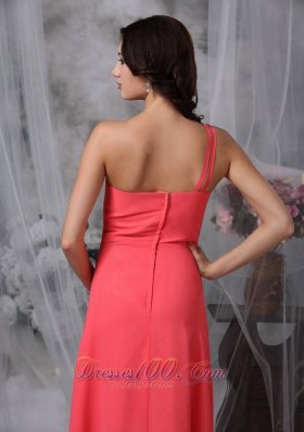 Ankle-length Coral Red Beaded One Shoulder Evening Dress