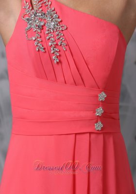 Ankle-length Coral Red Beaded One Shoulder Evening Dress