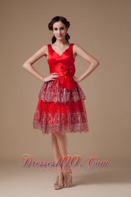 V-neck Red Beaded Knee-length Prom Dress layered