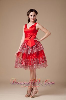 V-neck Red Beaded Knee-length Prom Dress layered