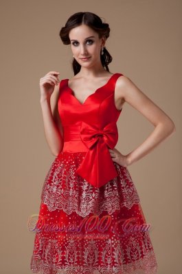 V-neck Red Beaded Knee-length Prom Dress layered