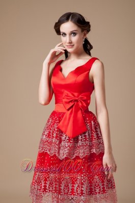 V-neck Red Beaded Knee-length Prom Dress layered