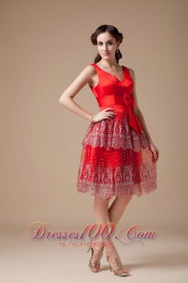 V-neck Red Beaded Knee-length Prom Dress layered