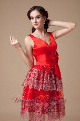 V-neck Red Beaded Knee-length Prom Dress layered