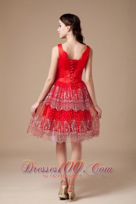 V-neck Red Beaded Knee-length Prom Dress layered